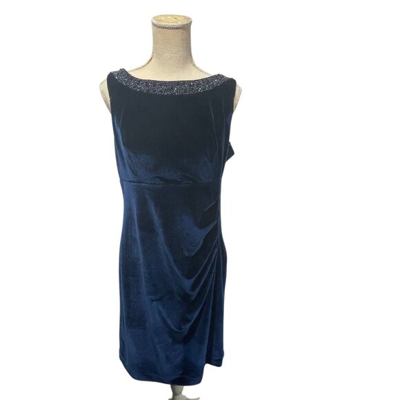 Alex Evenings Embellished Blue Velvet Dress Ruched Draped Open Back Sz 14 - Picture 1 of 8